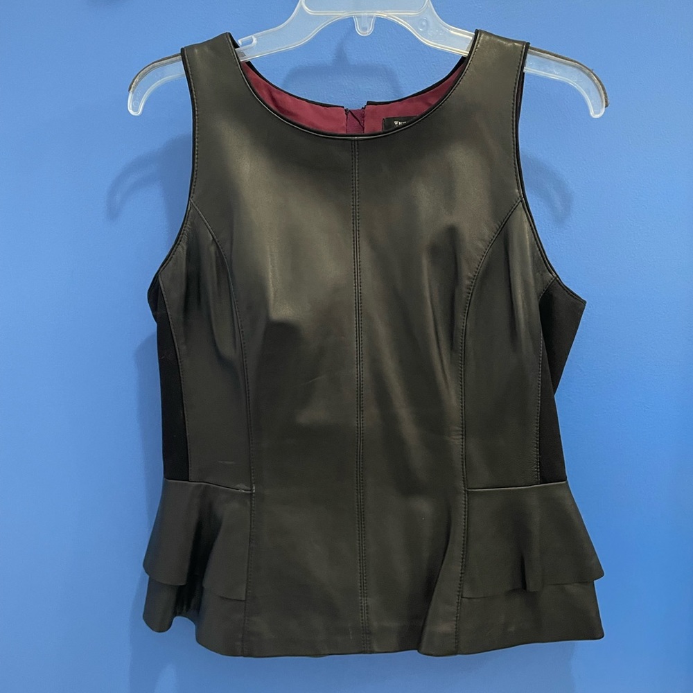 WHBM black leather top with peplum flair
